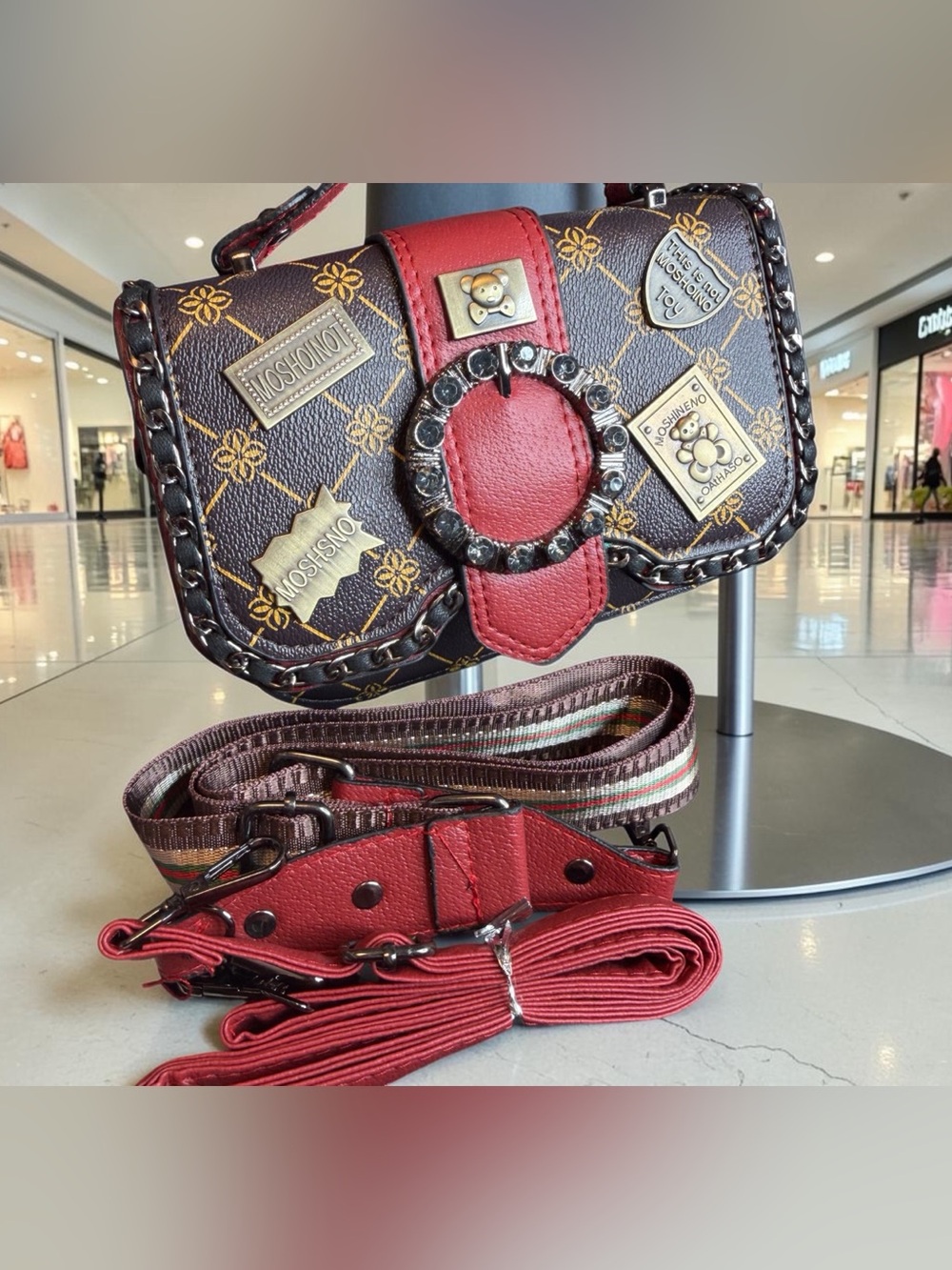 Moschino Brown & Red Patchwork Embellished Crossbody Bag